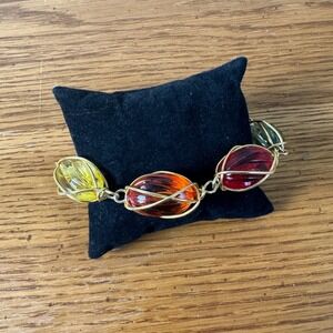Artisan Wire Wrapped Plastic Bead‎ Rainbow Bracelet Gold Tone Multi Color